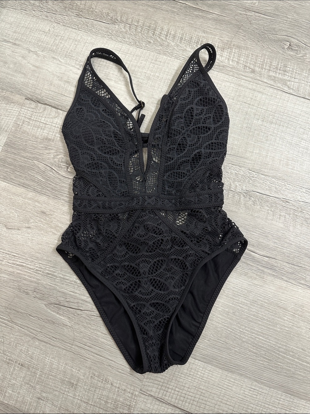 BECCA Black Lace Plunge One-Piece Bodysuit